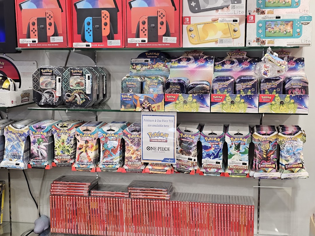 Shelves stocked with Nintendo Switch consoles, Pokémon TCG products, and video games at Challenger.