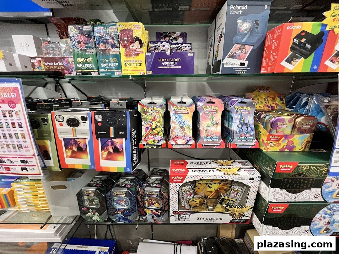 Shelves displaying Polaroid cameras, Pokémon trading cards, and One Piece card games at Challenger.