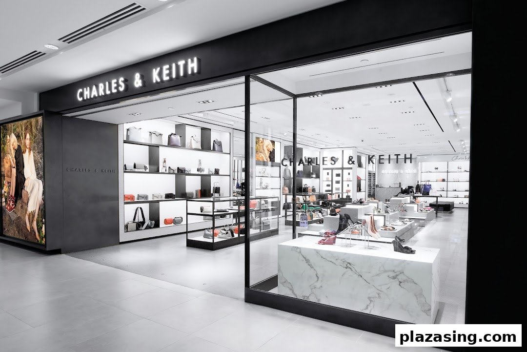 The modern storefront of CHARLES & KEITH, showcasing a wide array of stylish shoes and handbags.
