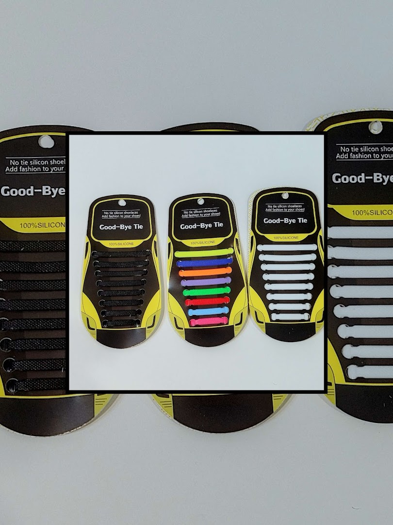 Close-up of Citrusox 'Good-Bye Tie' silicone no-tie shoelaces in various colors, displayed in their packaging.