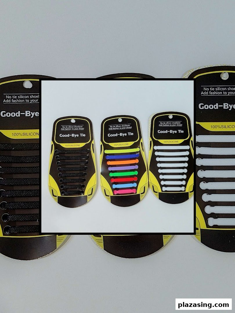 Close-up of Citrusox 'Good-Bye Tie' silicone no-tie shoelaces in various colors, displayed in their packaging.