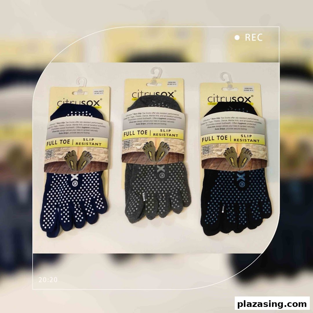 Three pairs of Citrusox non-slip full toe socks displayed on their packaging.