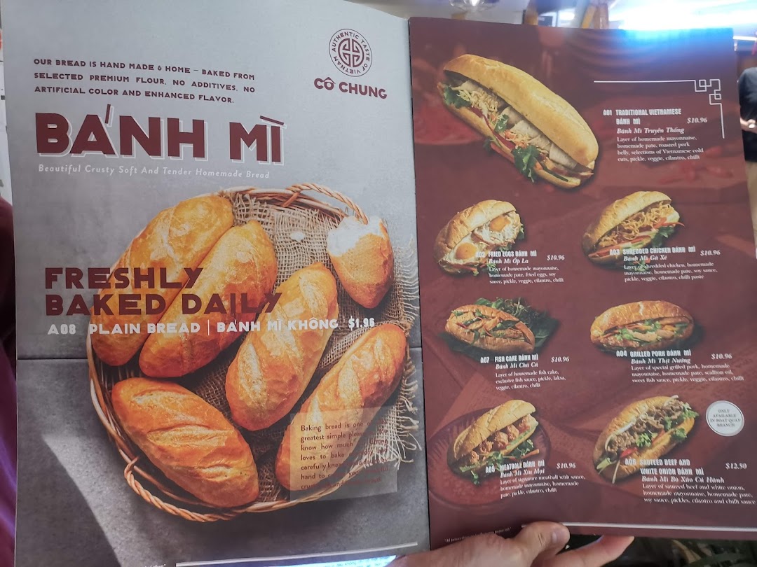 A detailed menu showcasing various authentic Vietnamese Bánh Mì sandwiches and plain bread.