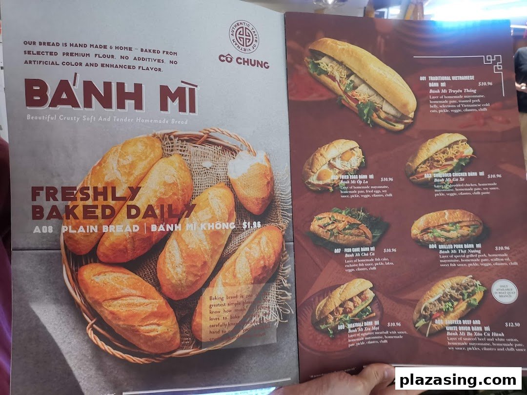 A detailed menu showcasing various authentic Vietnamese Bánh Mì sandwiches and plain bread.