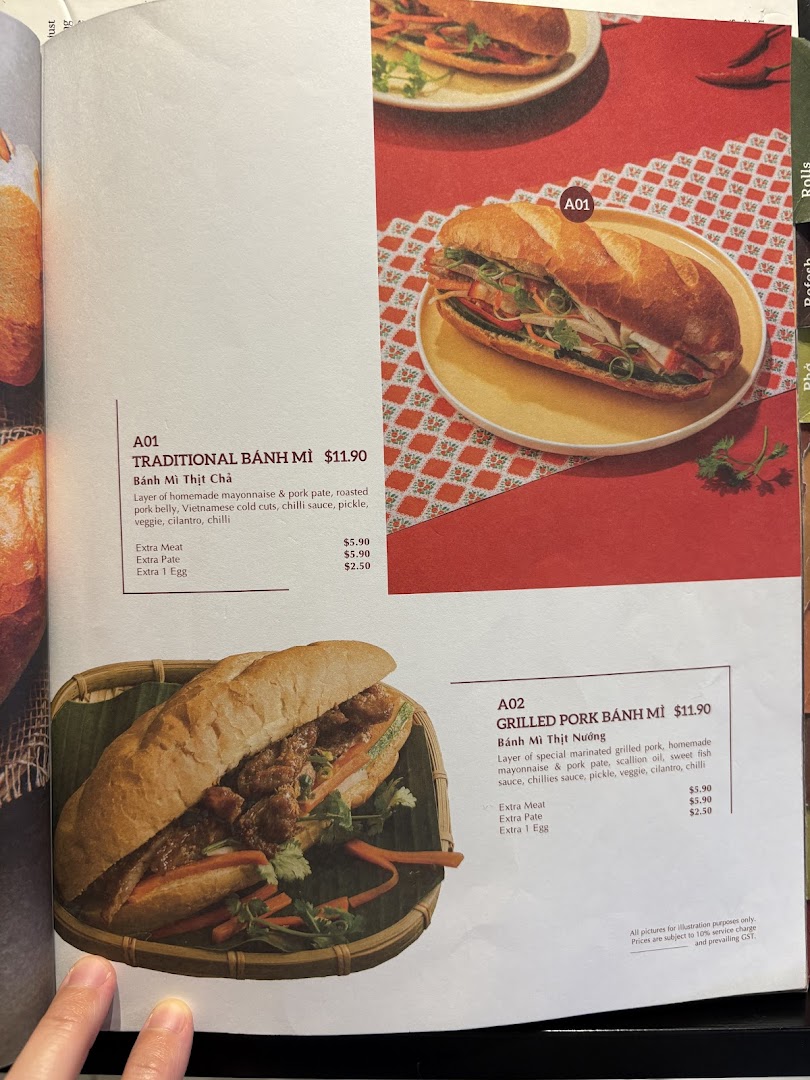 A menu page showcasing two types of authentic Vietnamese Bánh Mì with detailed descriptions and prices.