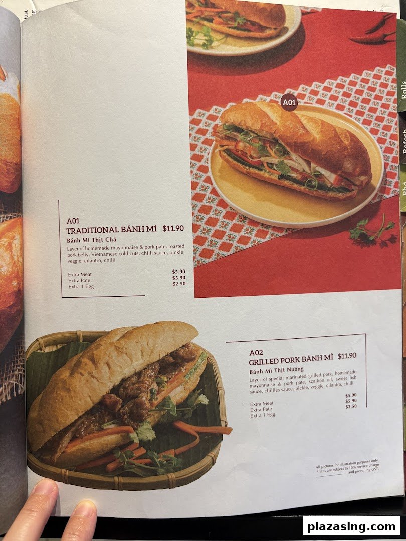A menu page showcasing two types of authentic Vietnamese Bánh Mì with detailed descriptions and prices.