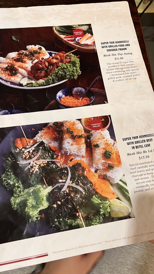 A menu page showcasing two Vietnamese vermicelli dishes with grilled pork and beef, complete with descriptions and prices.