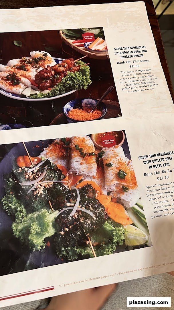 A menu page showcasing two Vietnamese vermicelli dishes with grilled pork and beef, complete with descriptions and prices.