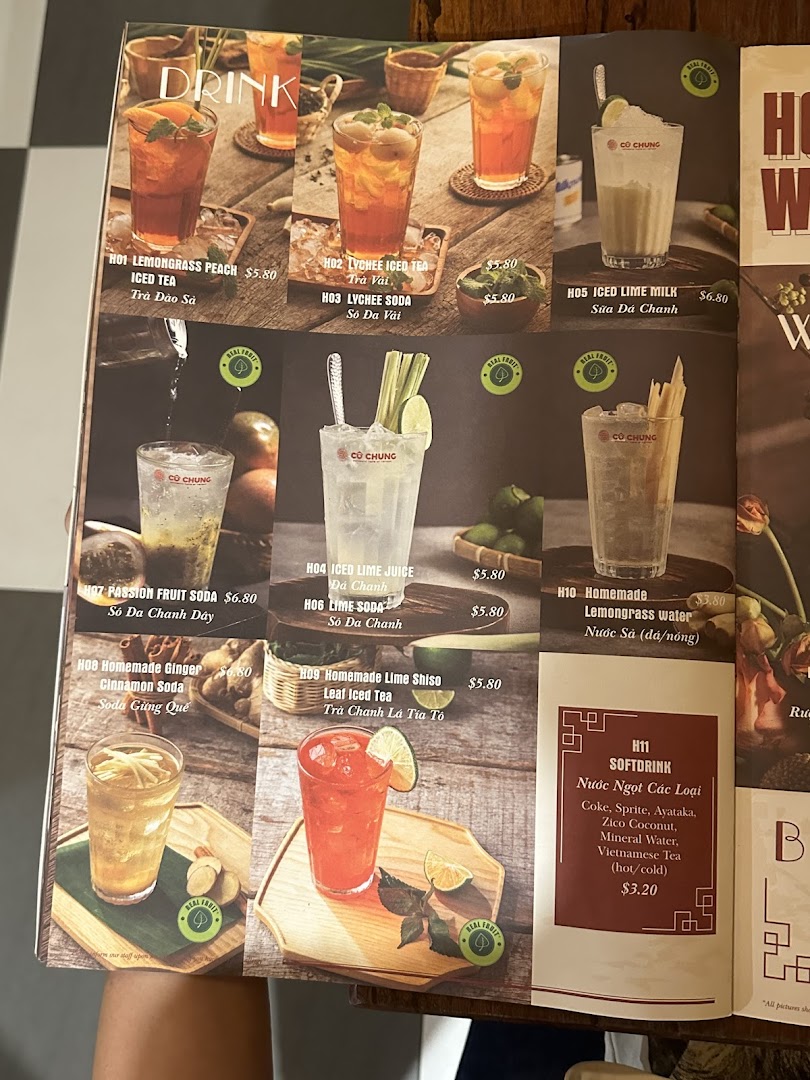 A close-up of Co Chung Vietnamese Restaurant's drink menu, featuring various refreshing beverages with prices.