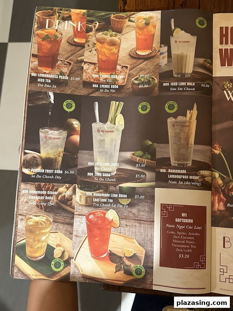 A close-up of Co Chung Vietnamese Restaurant's drink menu, featuring various refreshing beverages with prices.