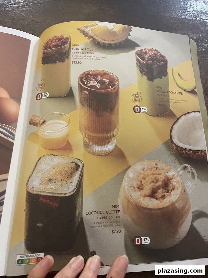 A vibrant menu page showcasing unique Vietnamese coffee drinks like Durian, Avocado, and Coconut Coffee.