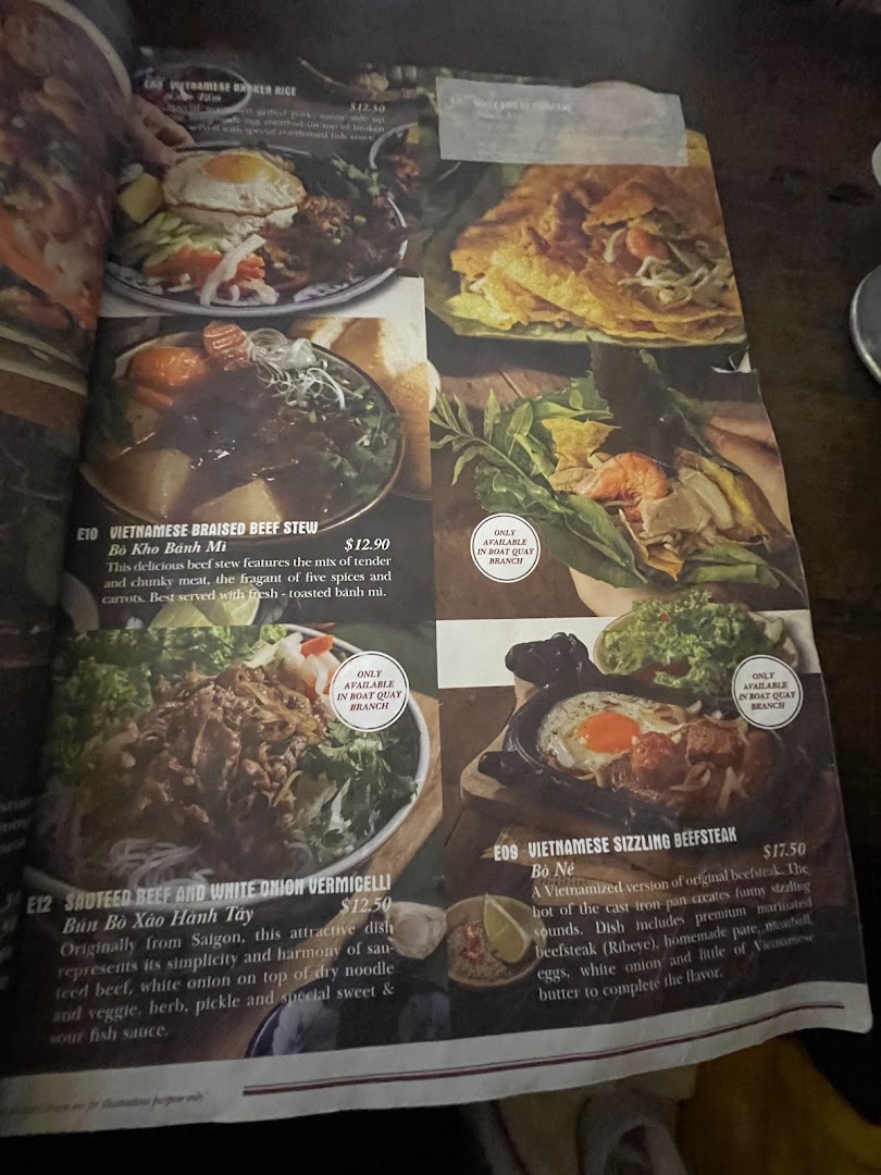 A detailed menu page from Co Chung Vietnamese Restaurant showcasing various authentic Vietnamese dishes.