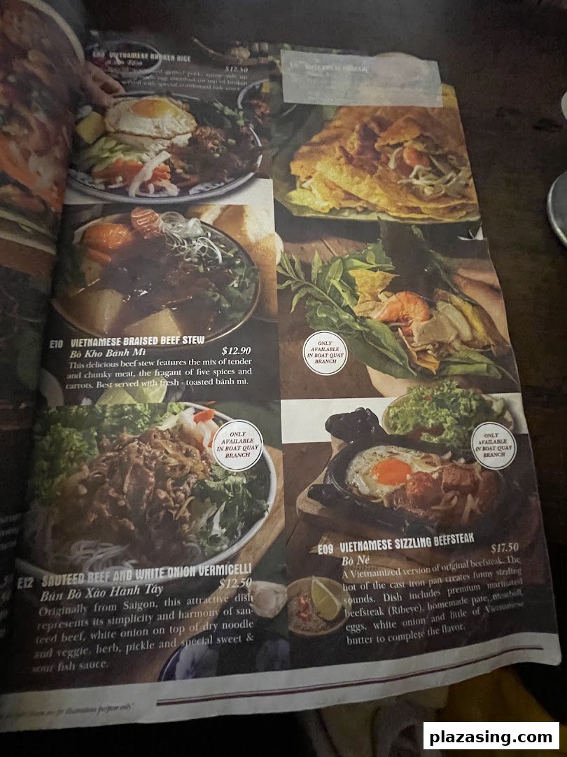 A detailed menu page from Co Chung Vietnamese Restaurant showcasing various authentic Vietnamese dishes.