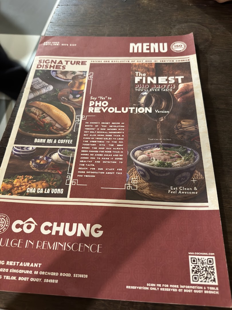A close-up image of the menu from Co Chung Vietnamese Restaurant, highlighting signature dishes and their special Pho broth.
