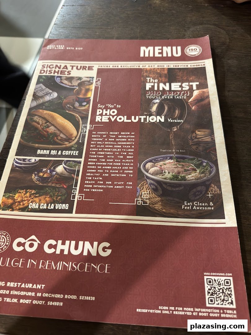 A close-up image of the menu from Co Chung Vietnamese Restaurant, highlighting signature dishes and their special Pho broth.