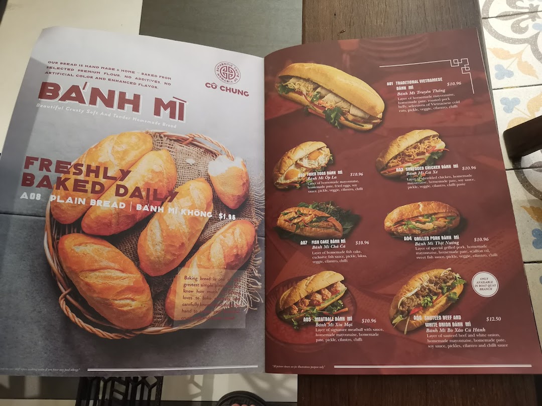 A menu page displaying various authentic Vietnamese Bánh Mì sandwiches and plain bread.