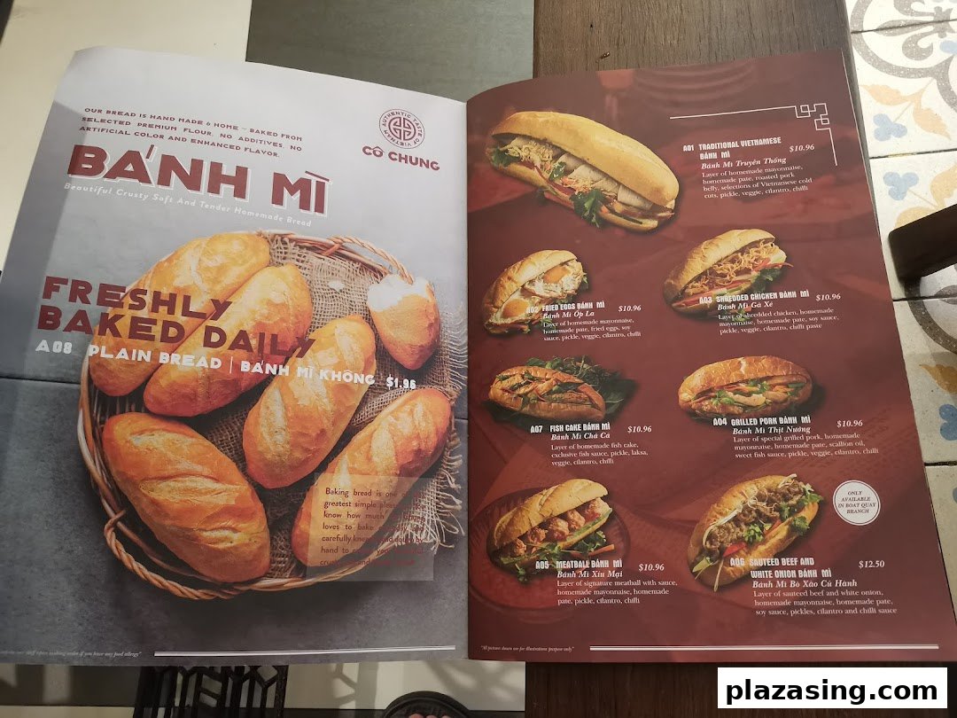 A menu page displaying various authentic Vietnamese Bánh Mì sandwiches and plain bread.