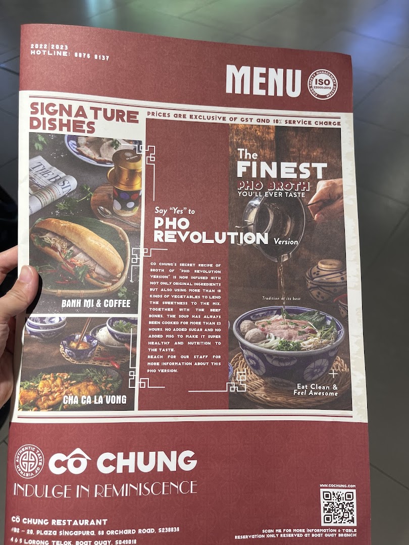 A menu from Co Chung Vietnamese Restaurant showcasing signature dishes and their special Pho.
