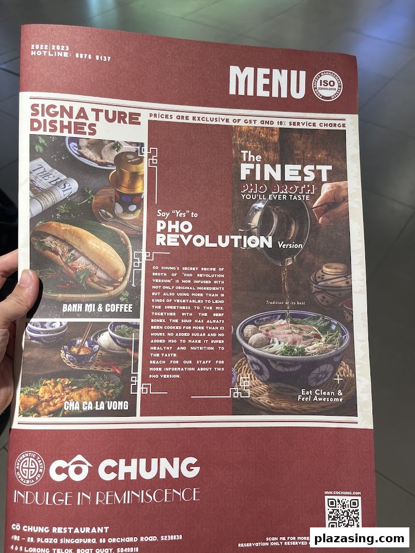 A menu from Co Chung Vietnamese Restaurant showcasing signature dishes and their special Pho.