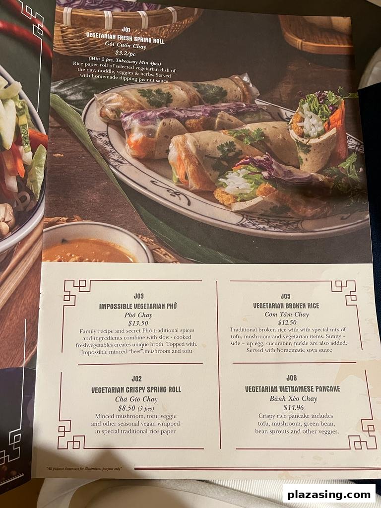 A menu page showcasing various vegetarian Vietnamese dishes with descriptions and prices.