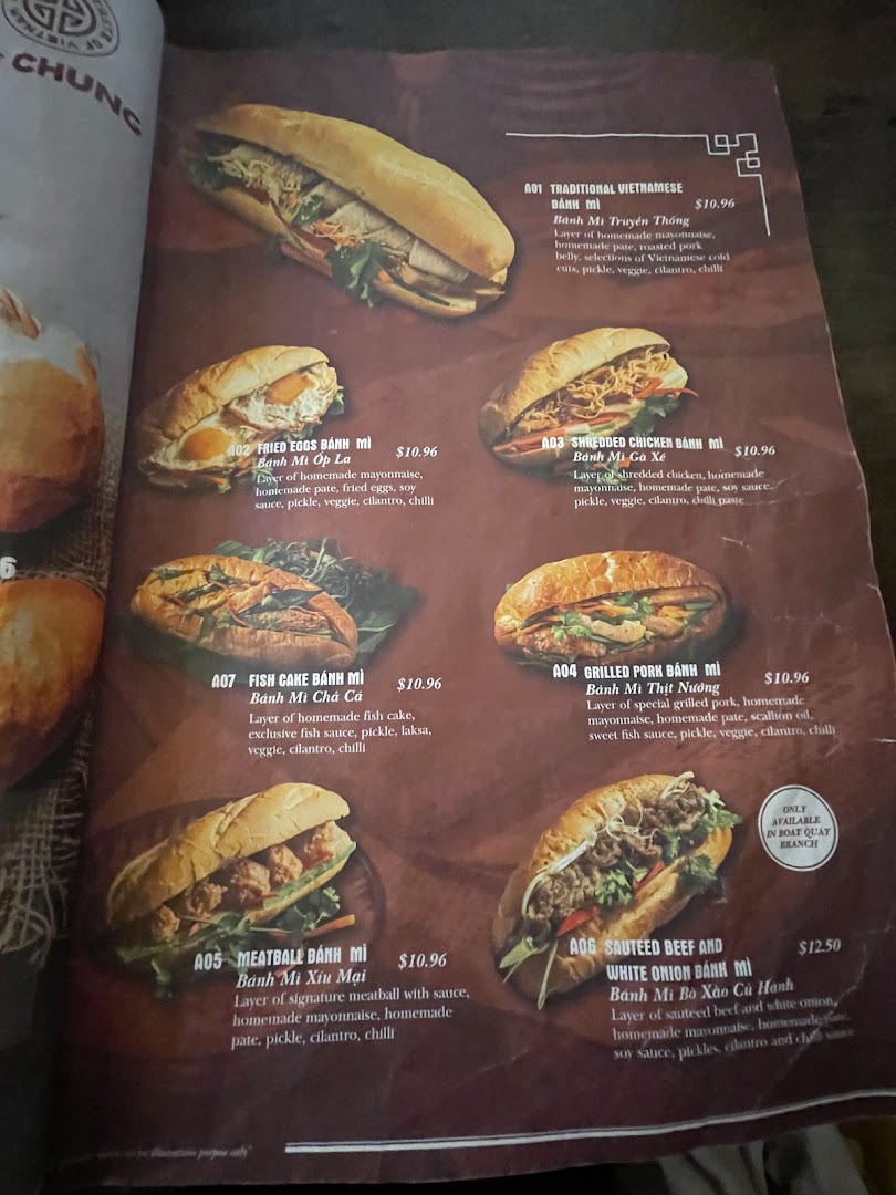 A menu page showcasing various authentic Vietnamese Bánh Mì sandwiches with descriptions and prices.