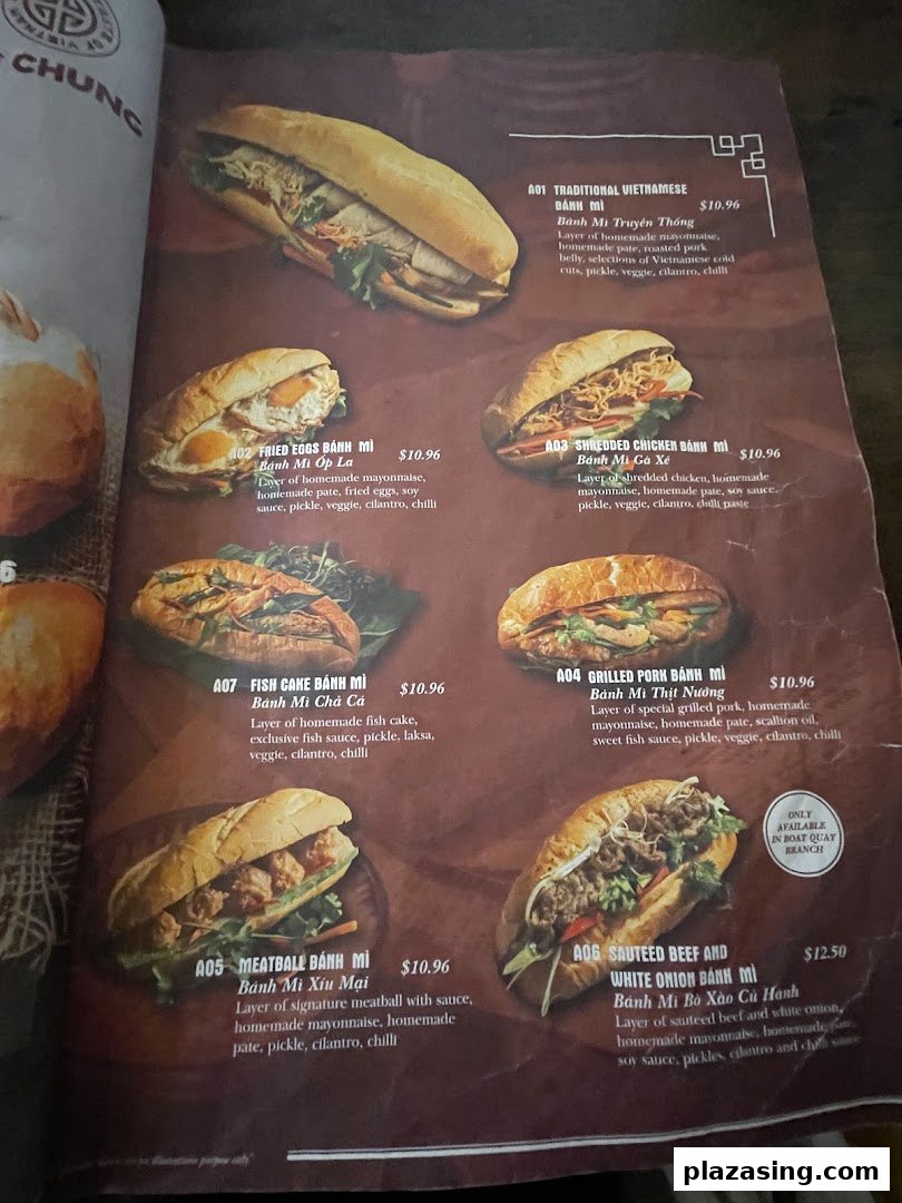 A menu page showcasing various authentic Vietnamese Bánh Mì sandwiches with descriptions and prices.
