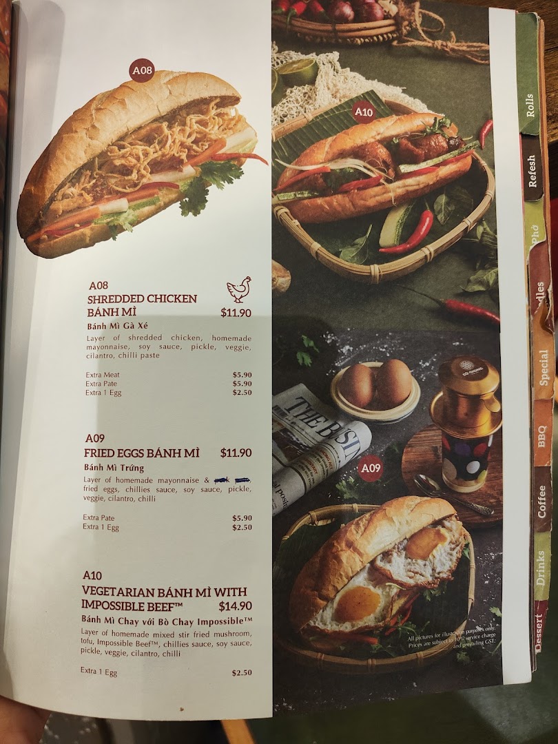 A vibrant menu page showcasing delicious Vietnamese Bánh Mì sandwiches with detailed descriptions and prices.