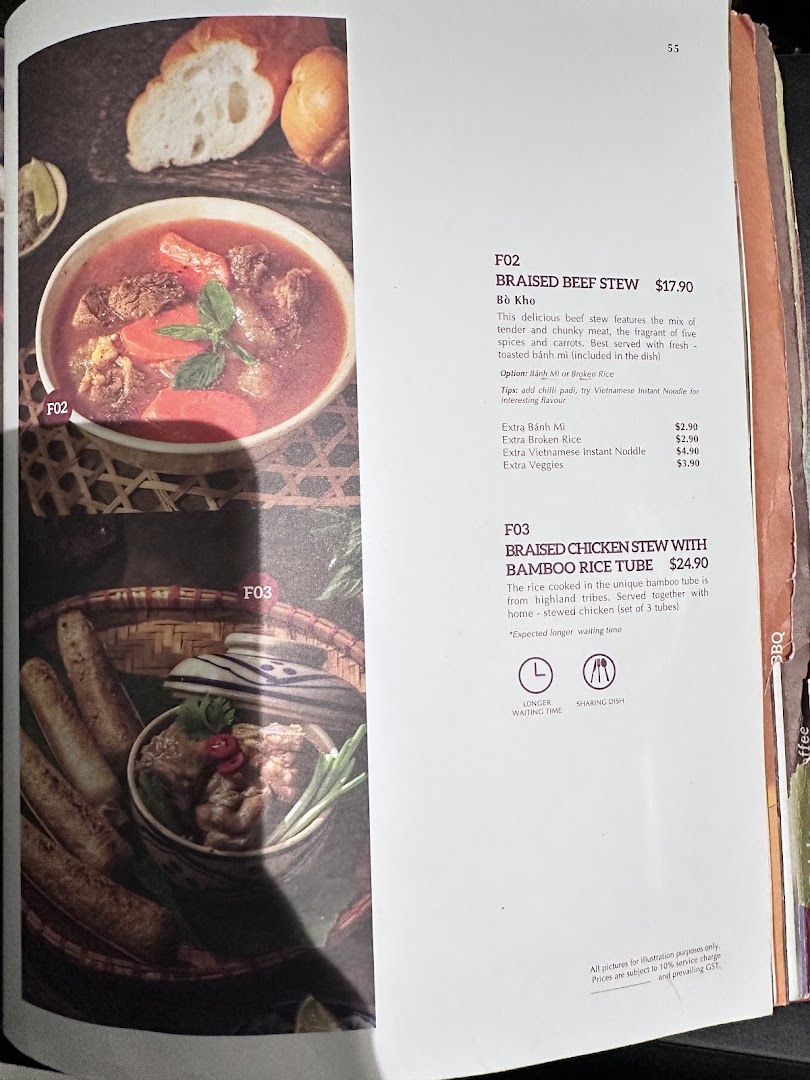 A menu page displaying Vietnamese braised beef stew and chicken stew with bamboo rice tube.