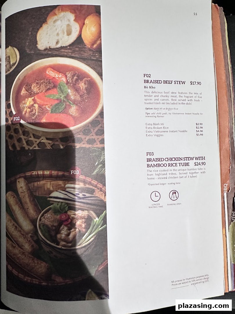 A menu page displaying Vietnamese braised beef stew and chicken stew with bamboo rice tube.