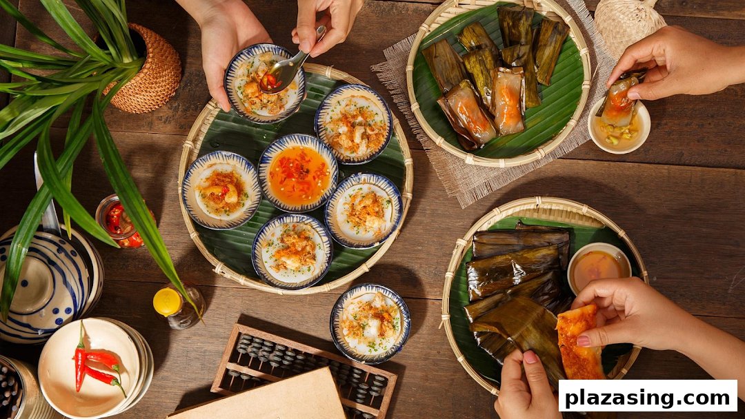 A top-down view of a wooden table laden with various authentic Vietnamese dishes, with hands enjoying the meal.