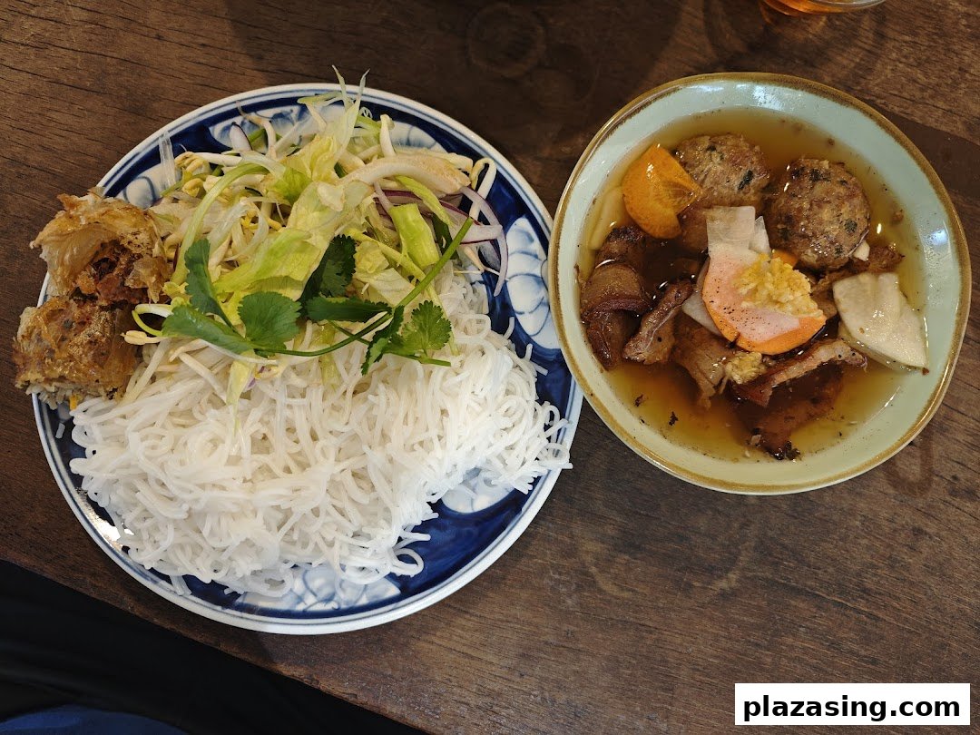 A vibrant Vietnamese dish with rice vermicelli, fresh herbs, spring rolls, and savory broth.
