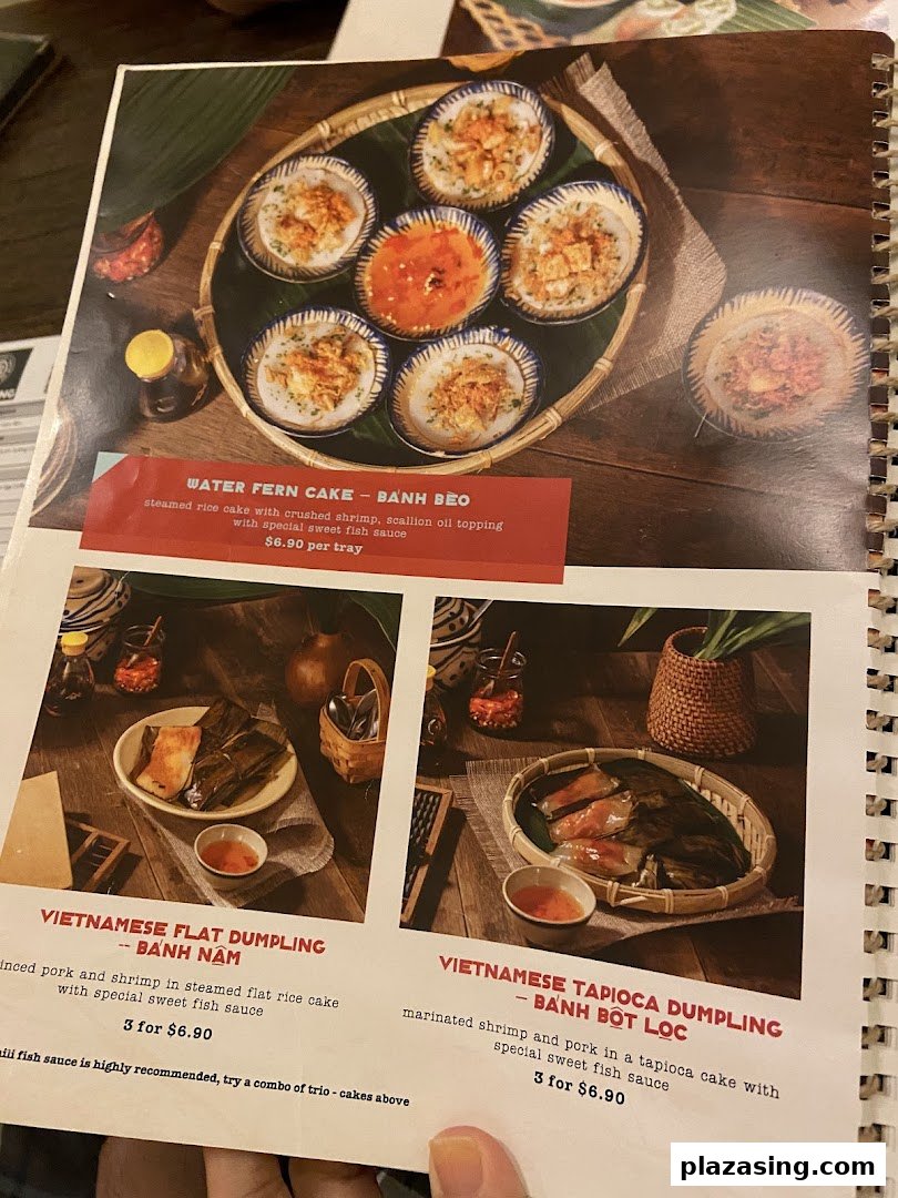 A menu page displaying traditional Vietnamese cakes and dumplings with descriptions and prices.