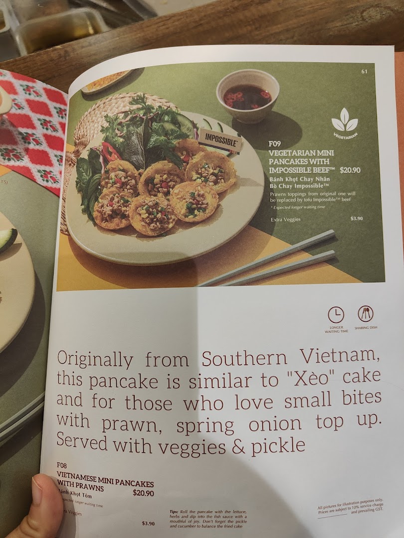 A menu page from Co Chung Vietnamese Restaurant featuring mini pancakes with vegetarian and prawn options.