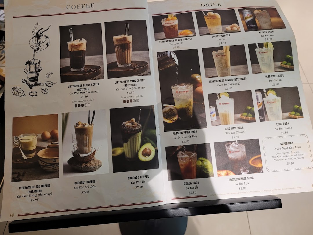 A detailed menu displaying a variety of Vietnamese coffee and drink options with prices.