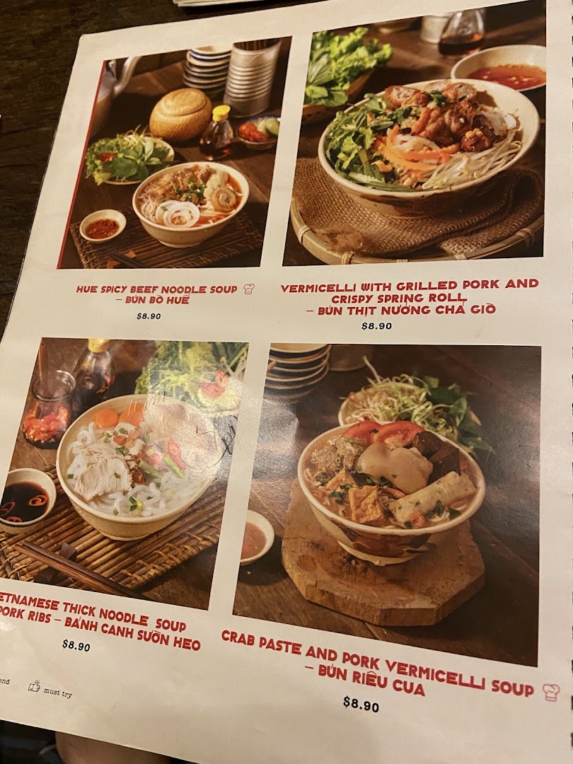 A menu page showcasing four Vietnamese noodle dishes with their names, descriptions, and prices.
