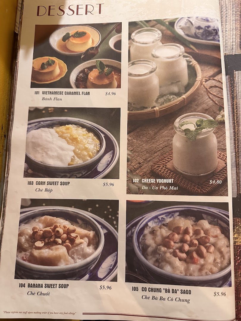 A menu page from Co Chung Vietnamese Restaurant featuring a variety of traditional Vietnamese desserts.