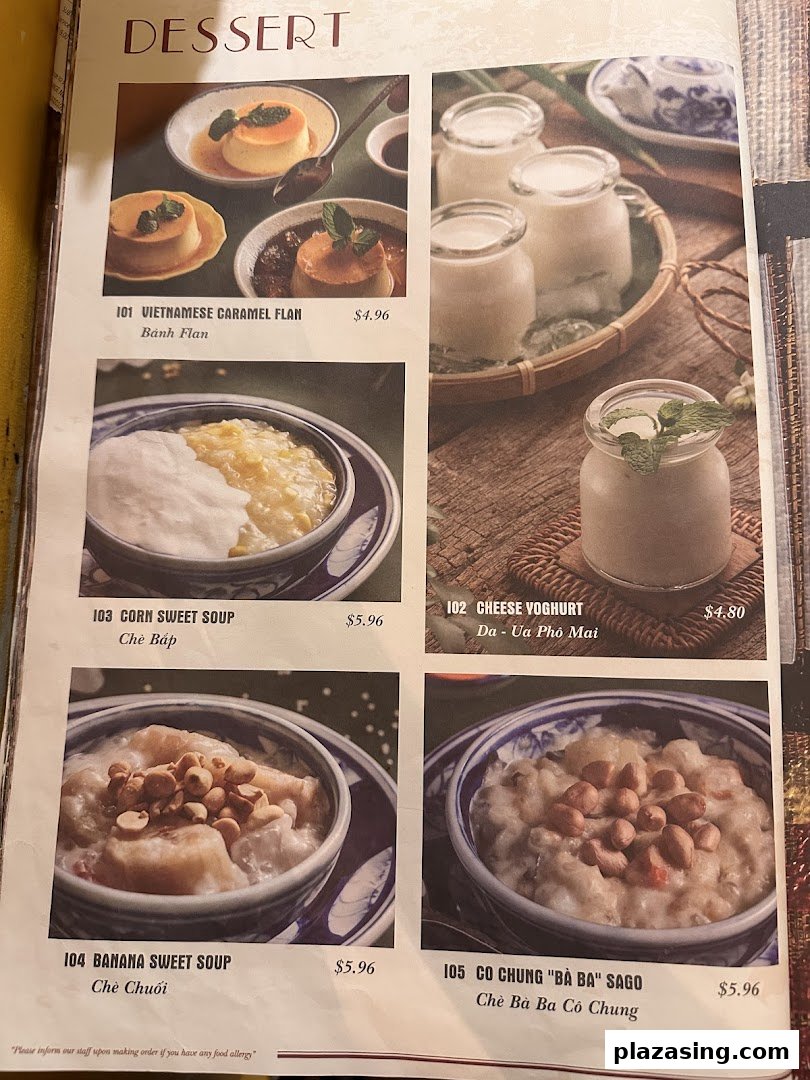 A menu page from Co Chung Vietnamese Restaurant featuring a variety of traditional Vietnamese desserts.