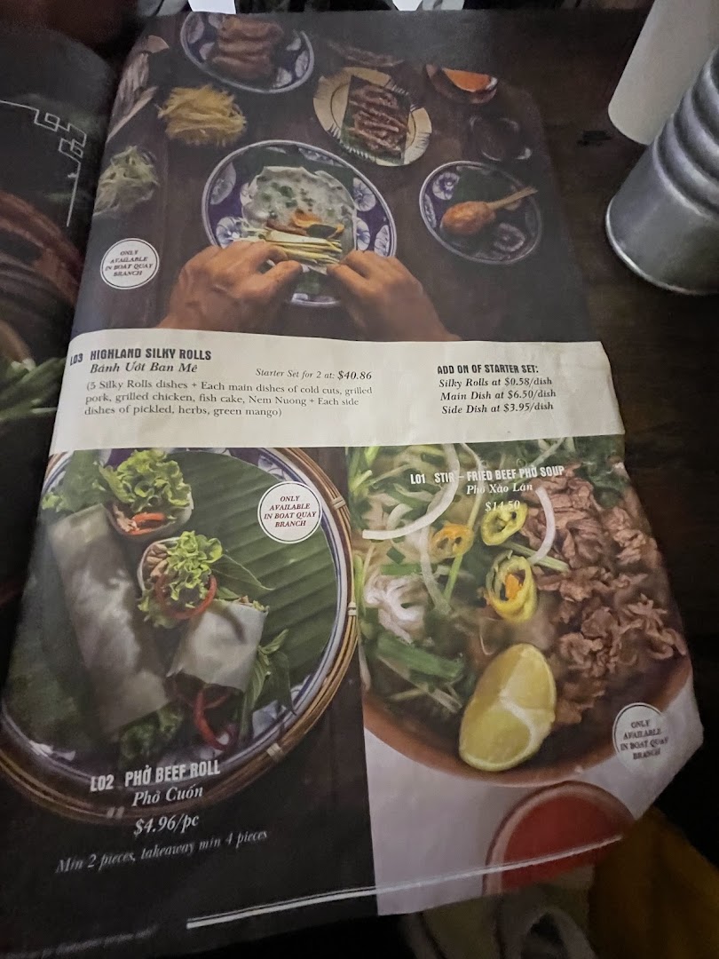 A detailed menu page showcasing authentic Vietnamese dishes with prices and descriptions.