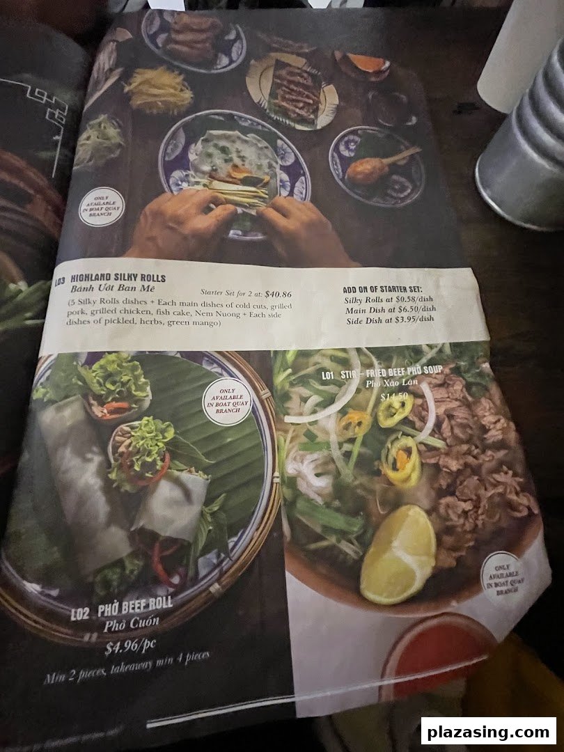 A detailed menu page showcasing authentic Vietnamese dishes with prices and descriptions.