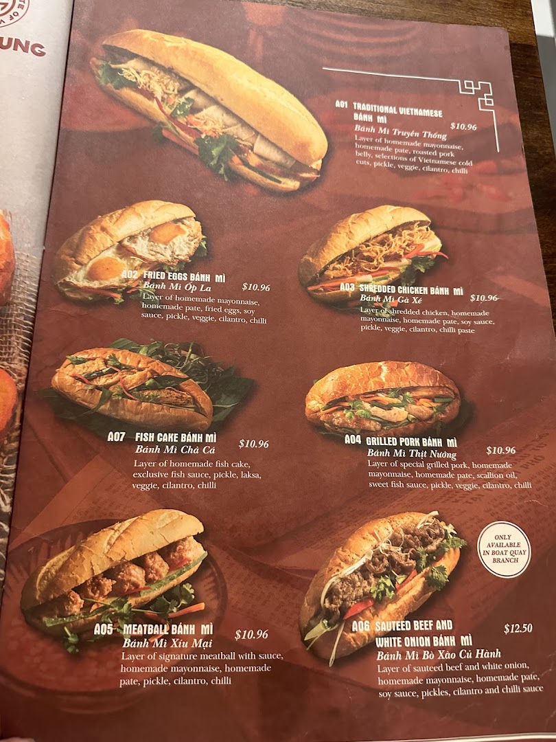 A menu page showcasing various authentic Vietnamese Bánh Mì sandwiches with descriptions and prices.