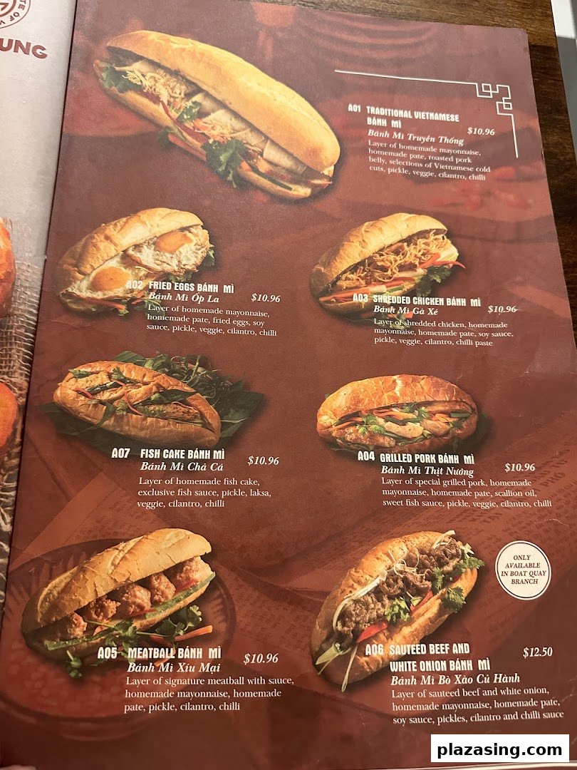 A menu page showcasing various authentic Vietnamese Bánh Mì sandwiches with descriptions and prices.