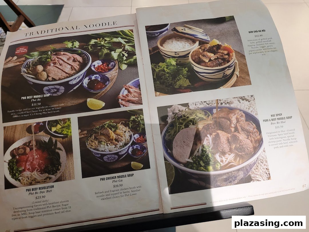 A detailed menu page showcasing various traditional Vietnamese noodle dishes with descriptions and prices.