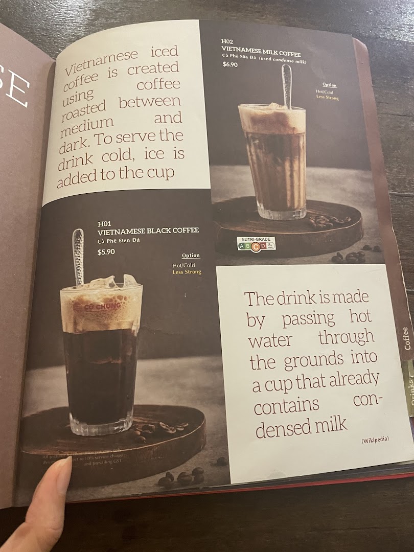 A menu page from Co Chung Vietnamese Restaurant featuring authentic Vietnamese coffee options.