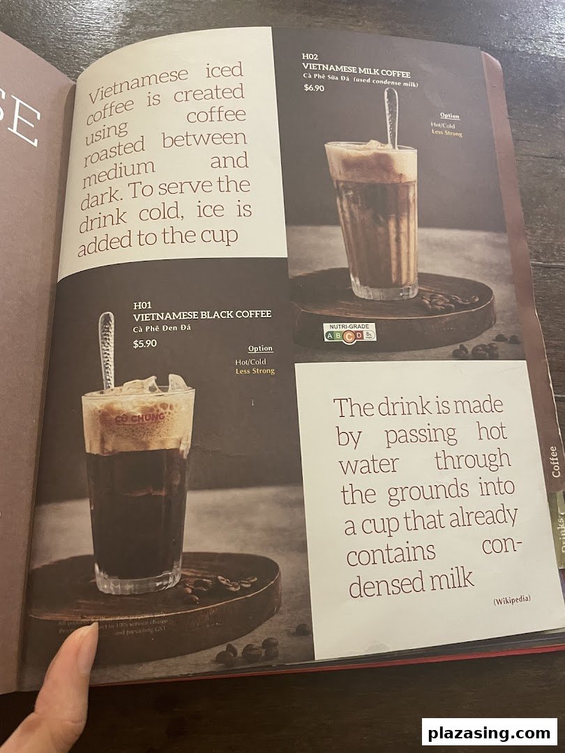 A menu page from Co Chung Vietnamese Restaurant featuring authentic Vietnamese coffee options.