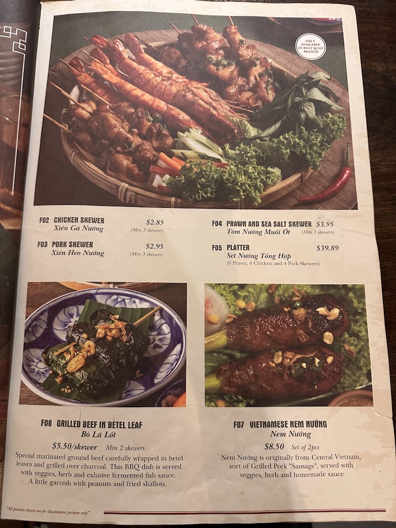 A menu page displaying various Vietnamese grilled skewers and traditional dishes with prices and descriptions.
