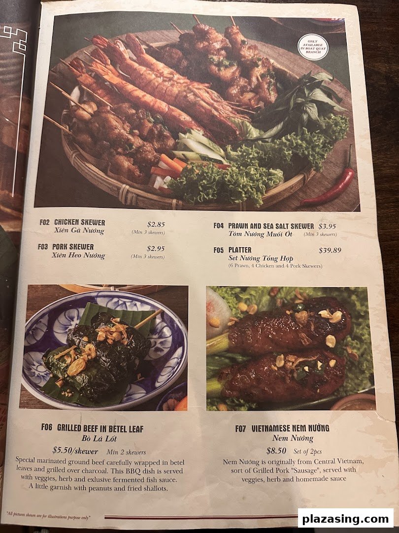 A menu page displaying various Vietnamese grilled skewers and traditional dishes with prices and descriptions.