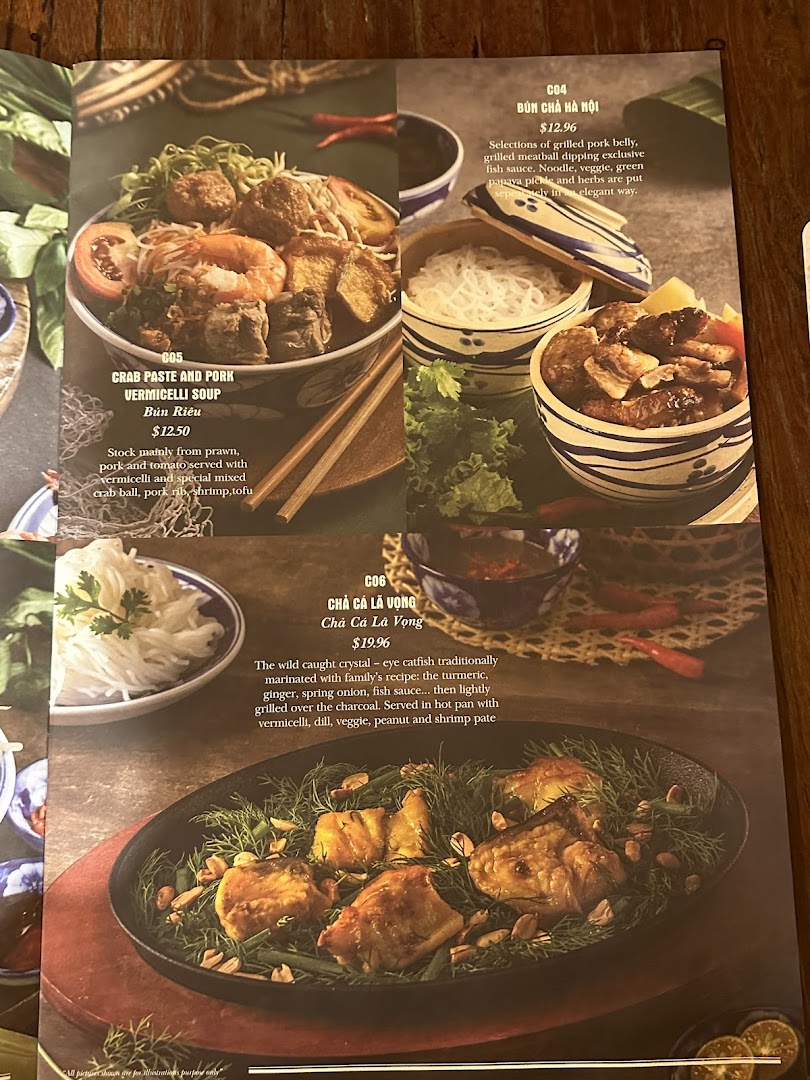 A vibrant menu page showcasing three authentic Vietnamese dishes with descriptions and prices.