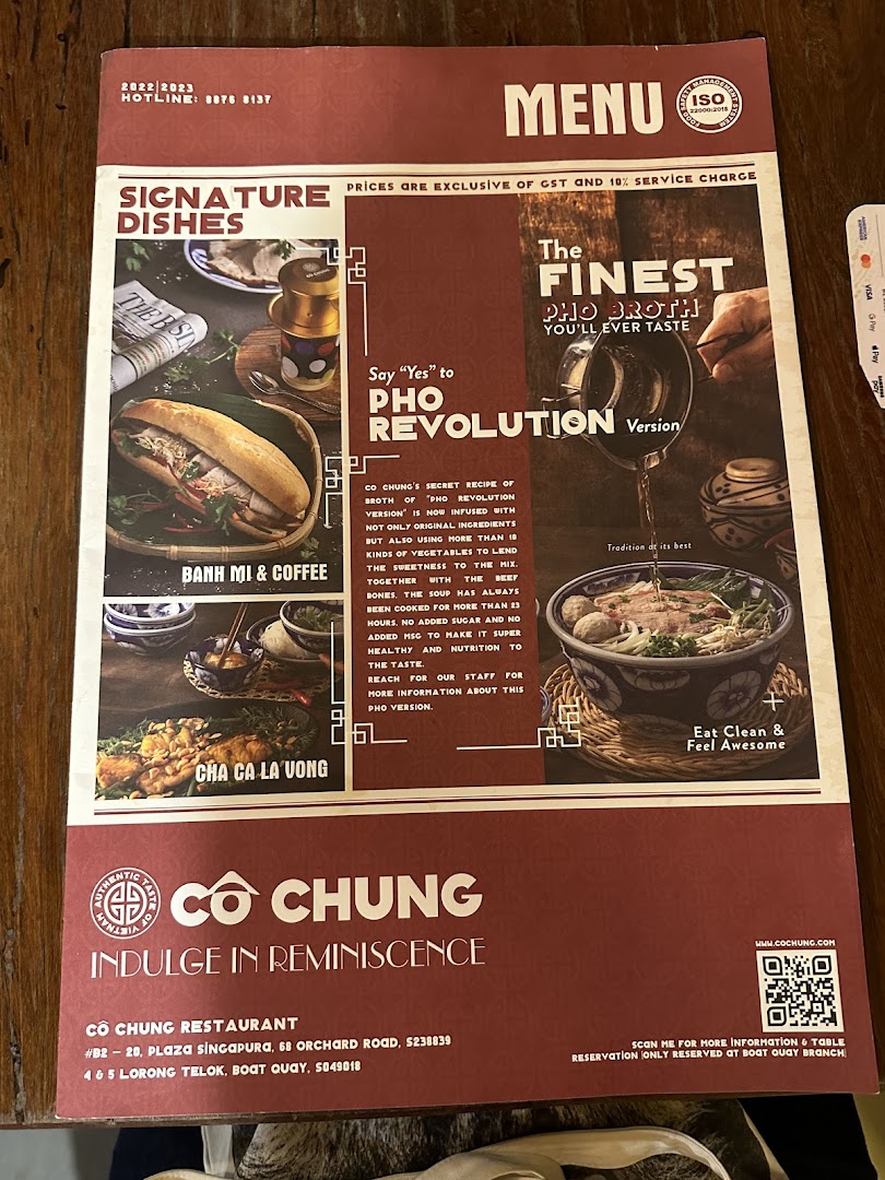 A vibrant menu from Co Chung Vietnamese Restaurant, showcasing signature dishes and their special Pho broth.