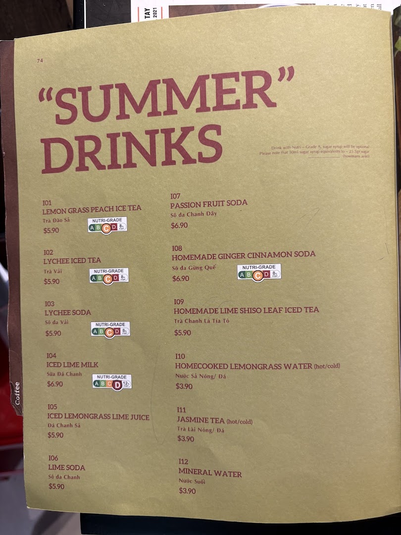 A menu page displaying a variety of refreshing summer drinks with prices and Nutri-Grade ratings.