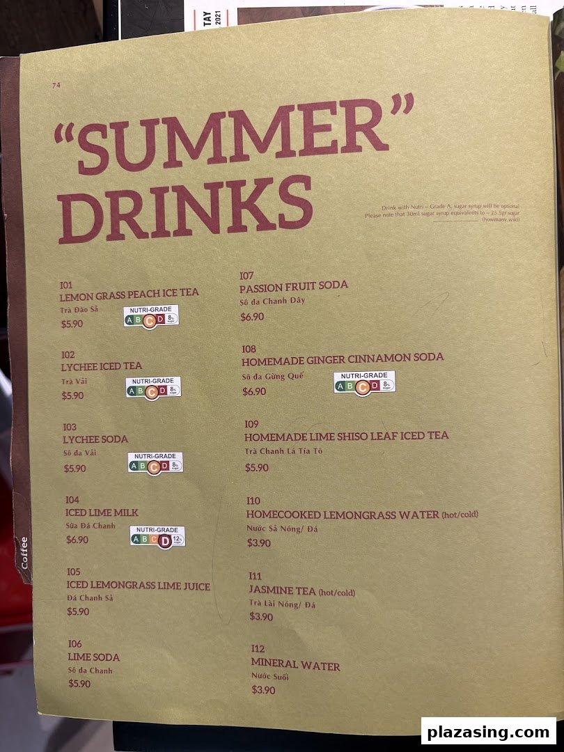 A menu page displaying a variety of refreshing summer drinks with prices and Nutri-Grade ratings.